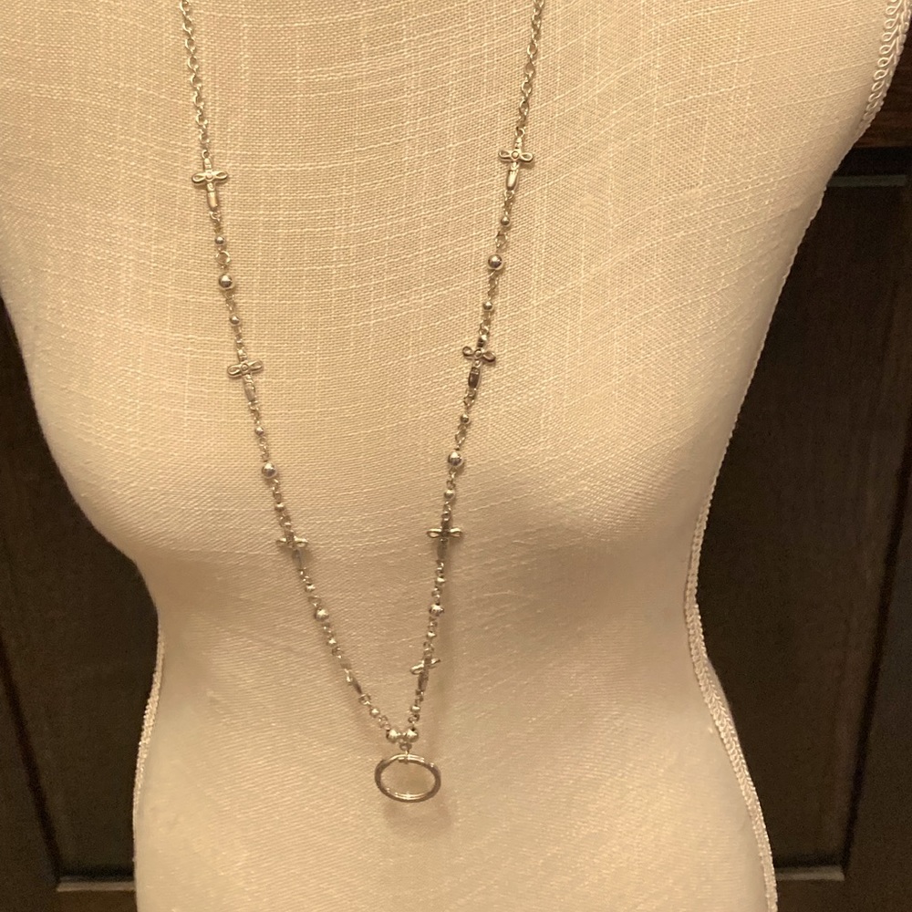 Lanyard - silver with cross and bead accents.
